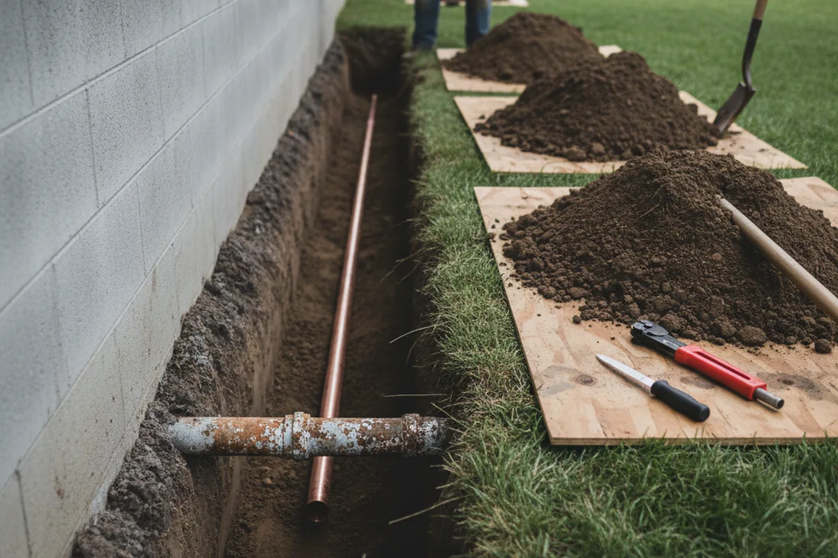 Excavated water line trench during Water Softener Installation in Ecorse